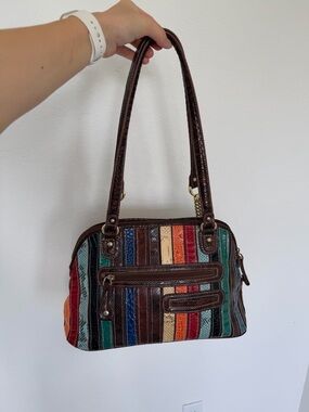 Vintage M.C Striped Multi-Color Leather Shoulder Bag with Brown Trim